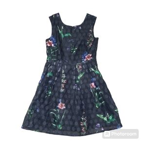 Derhy K Fit & Flare Sleeveless Black Polka Dot Floral Lined Dress Size L…